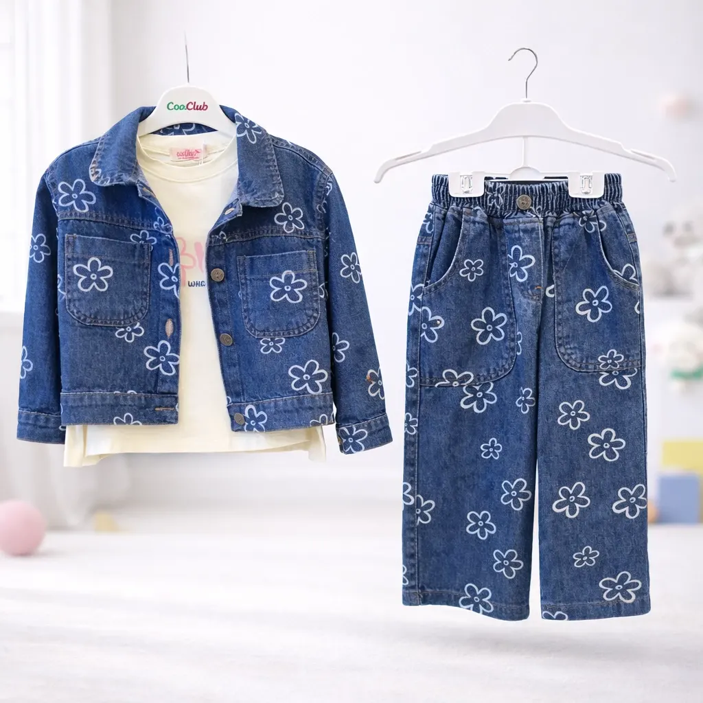 Papatya Baskılı Denim Üçlü Takım 3/6 Yaş