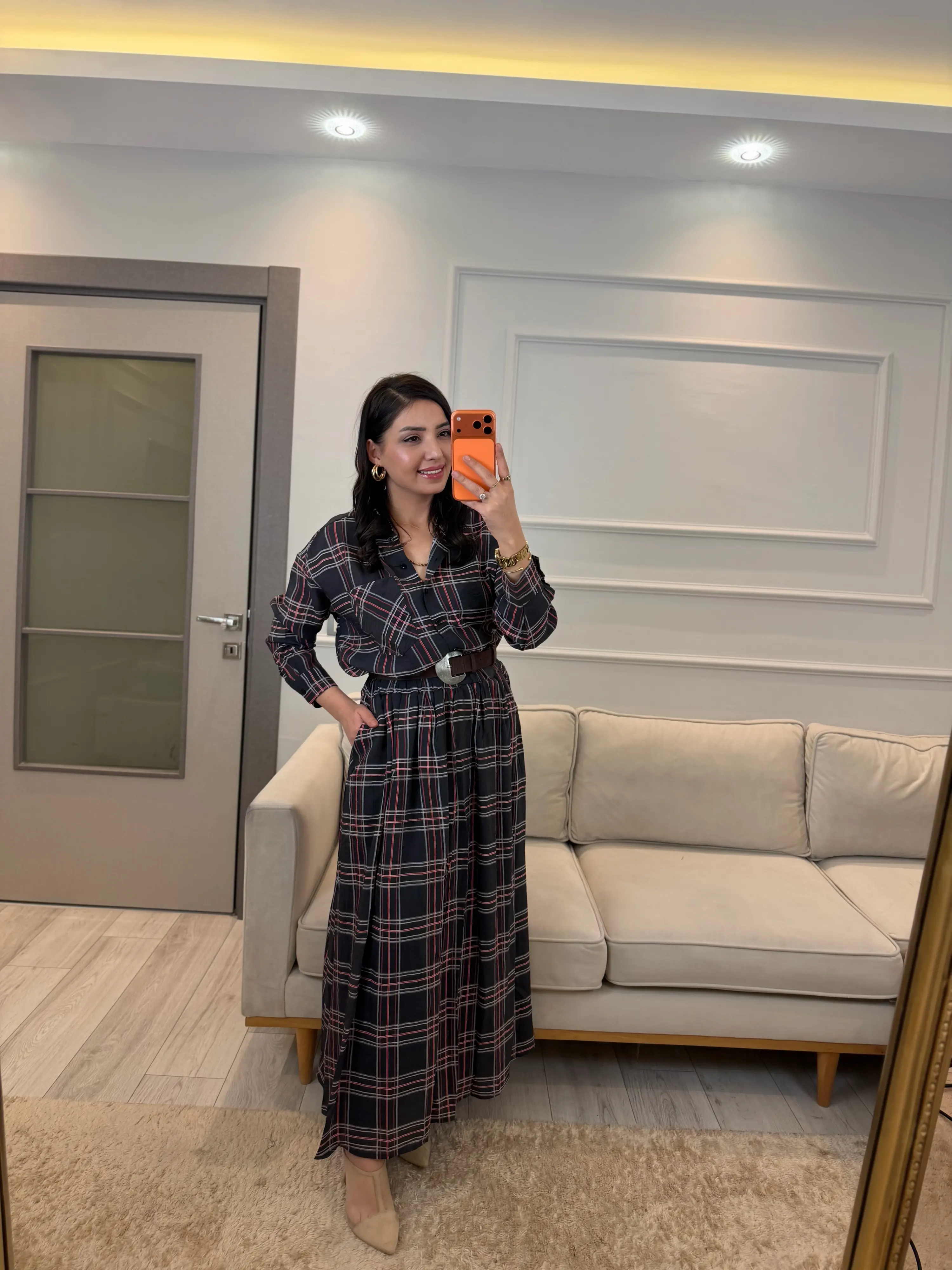 Ekoseli Organik Kumaş Astarlı Gömlek Etek Takım