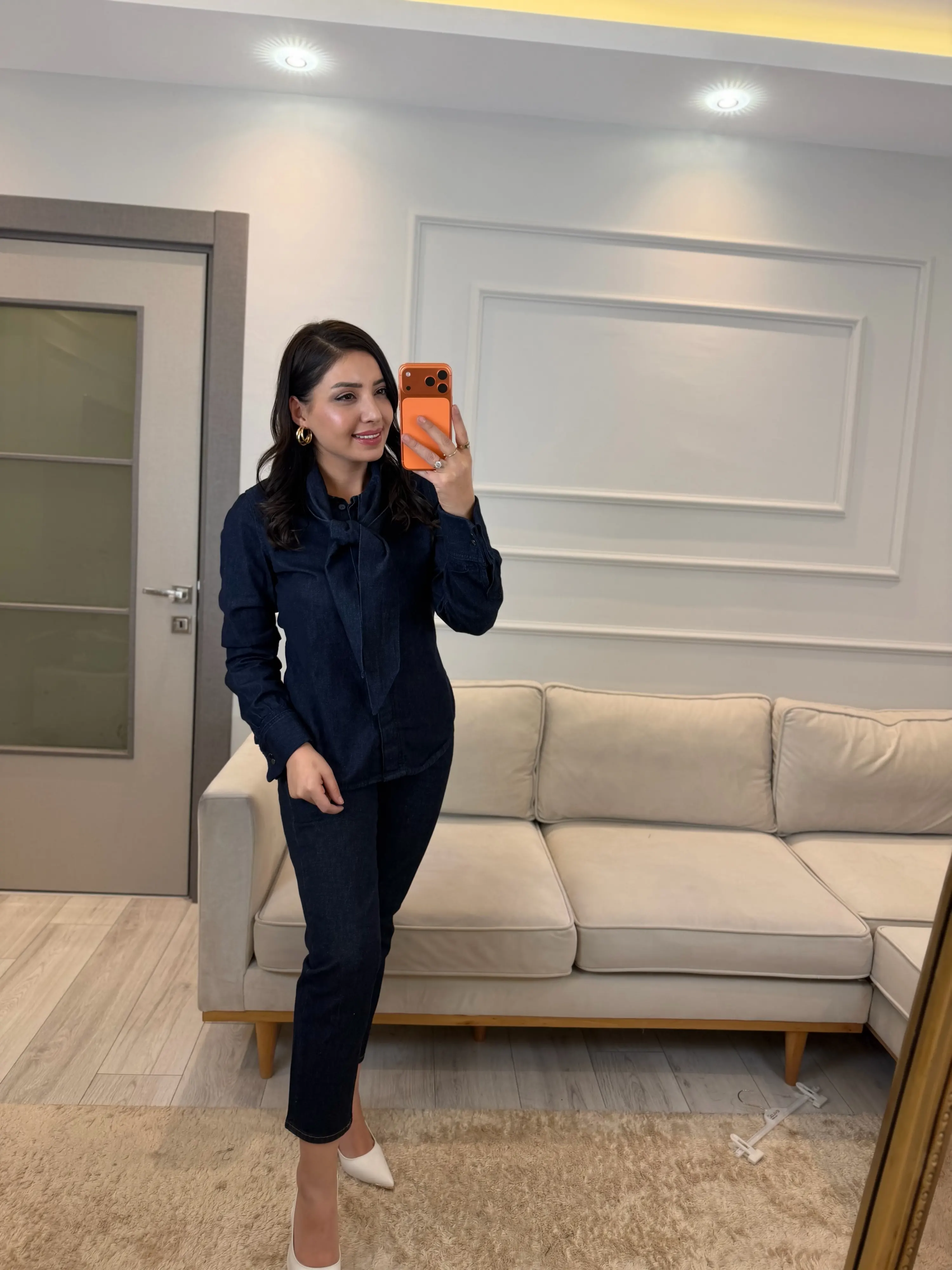 Paira Fularlı Denim Gömlek