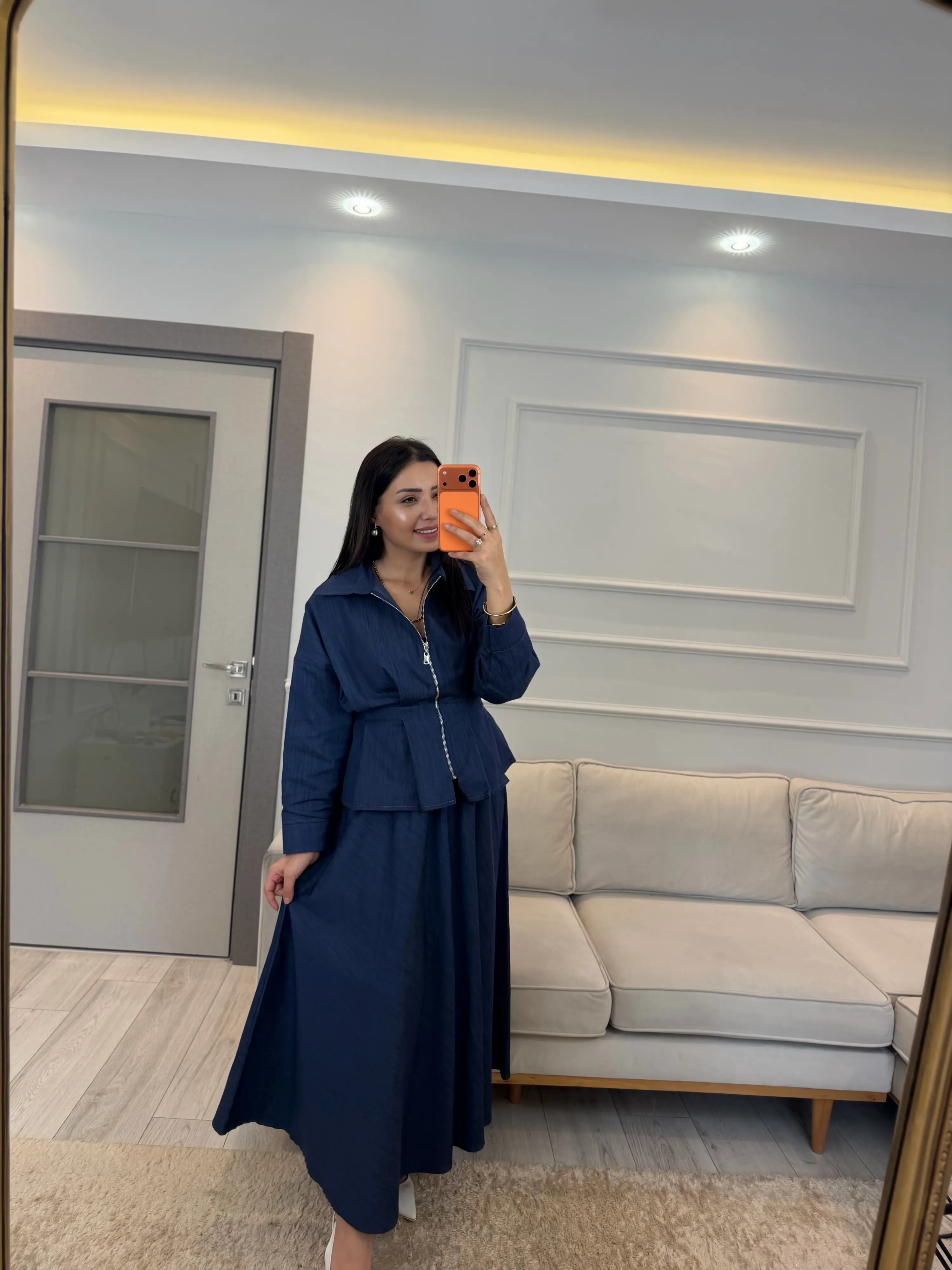 Pens Detaylı Ceket Etek Denim Takım