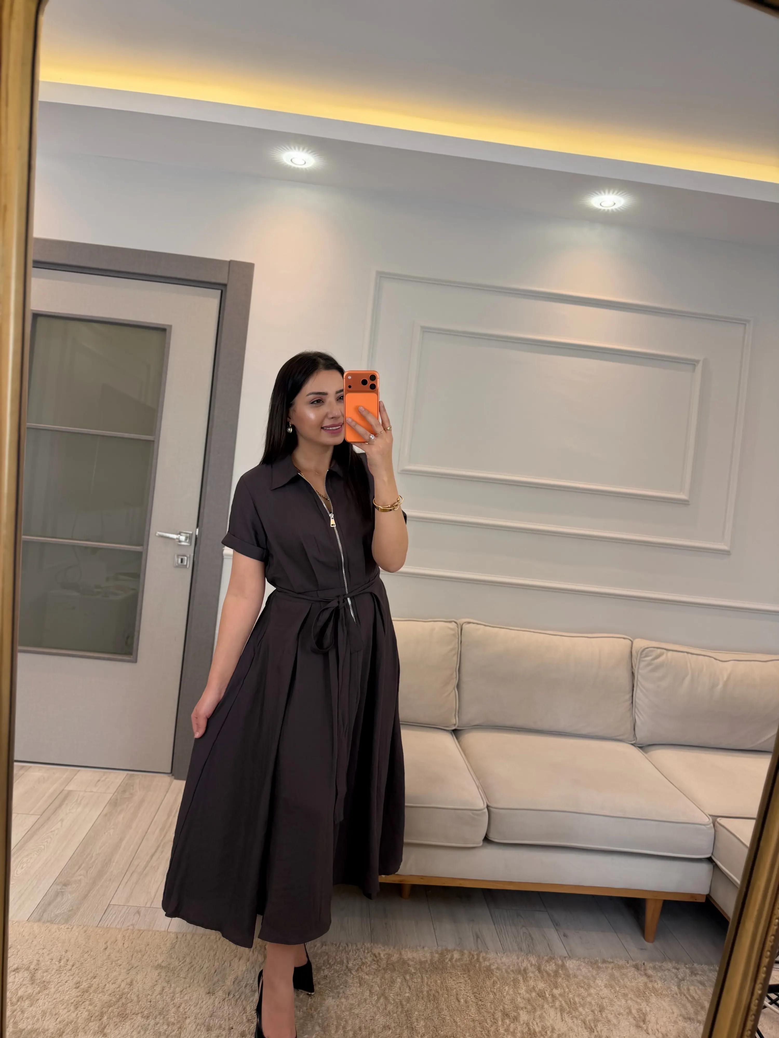 Fermuar Detaylı Bağlamalı Elbise