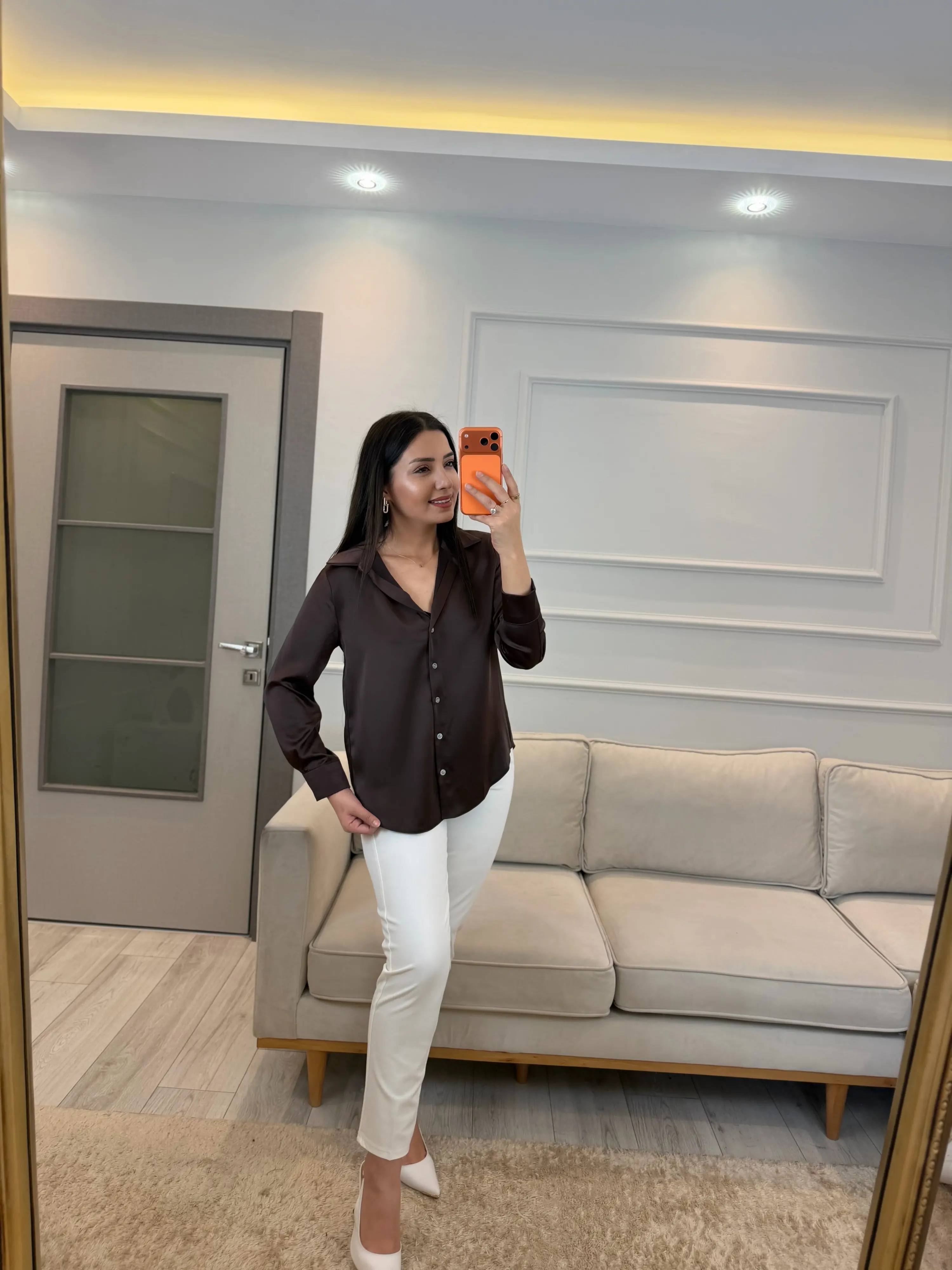 Sedef Düğmeli Saten Gömlek