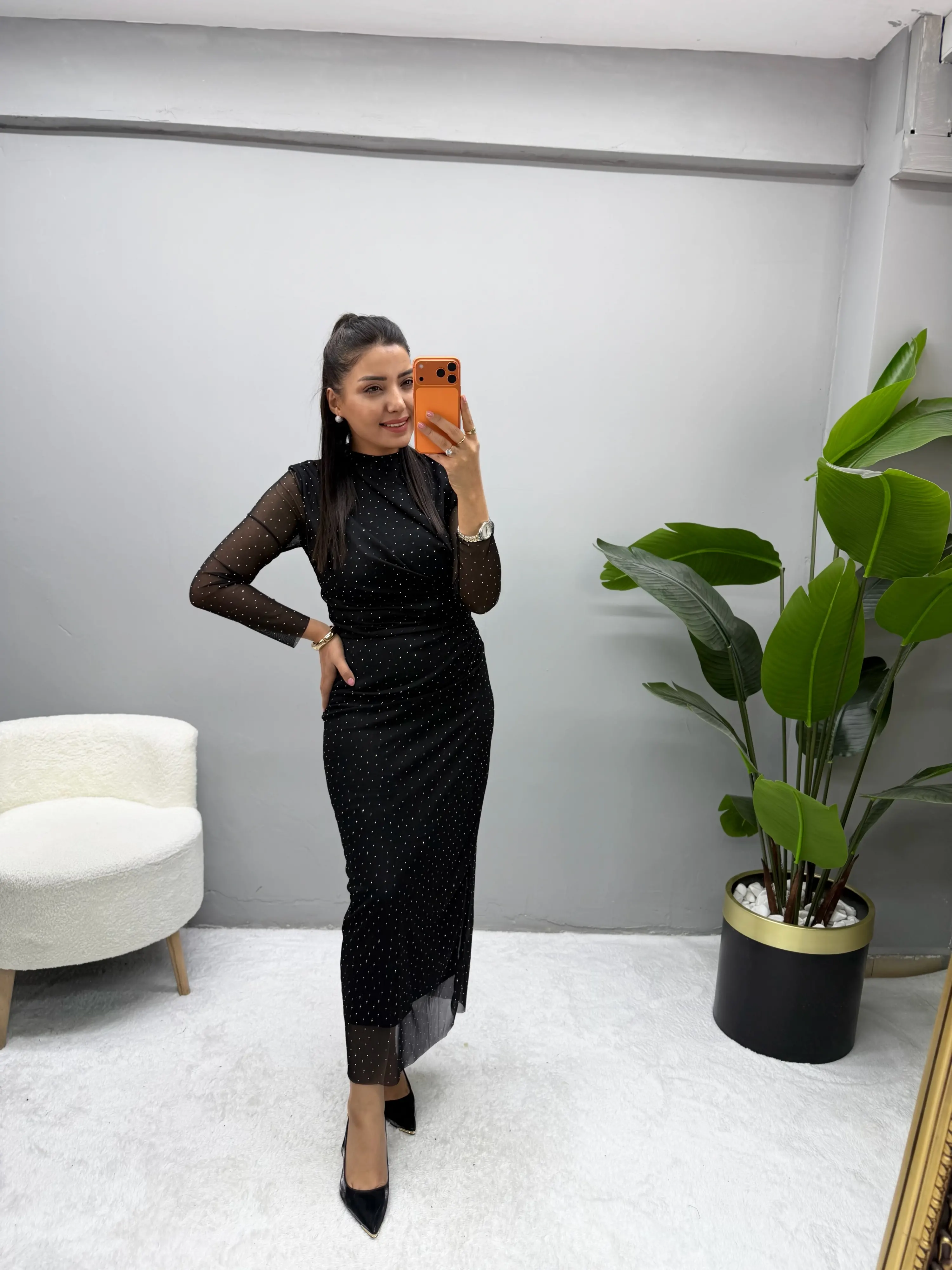 Tül Taşlı Drape Yaka Elbise
