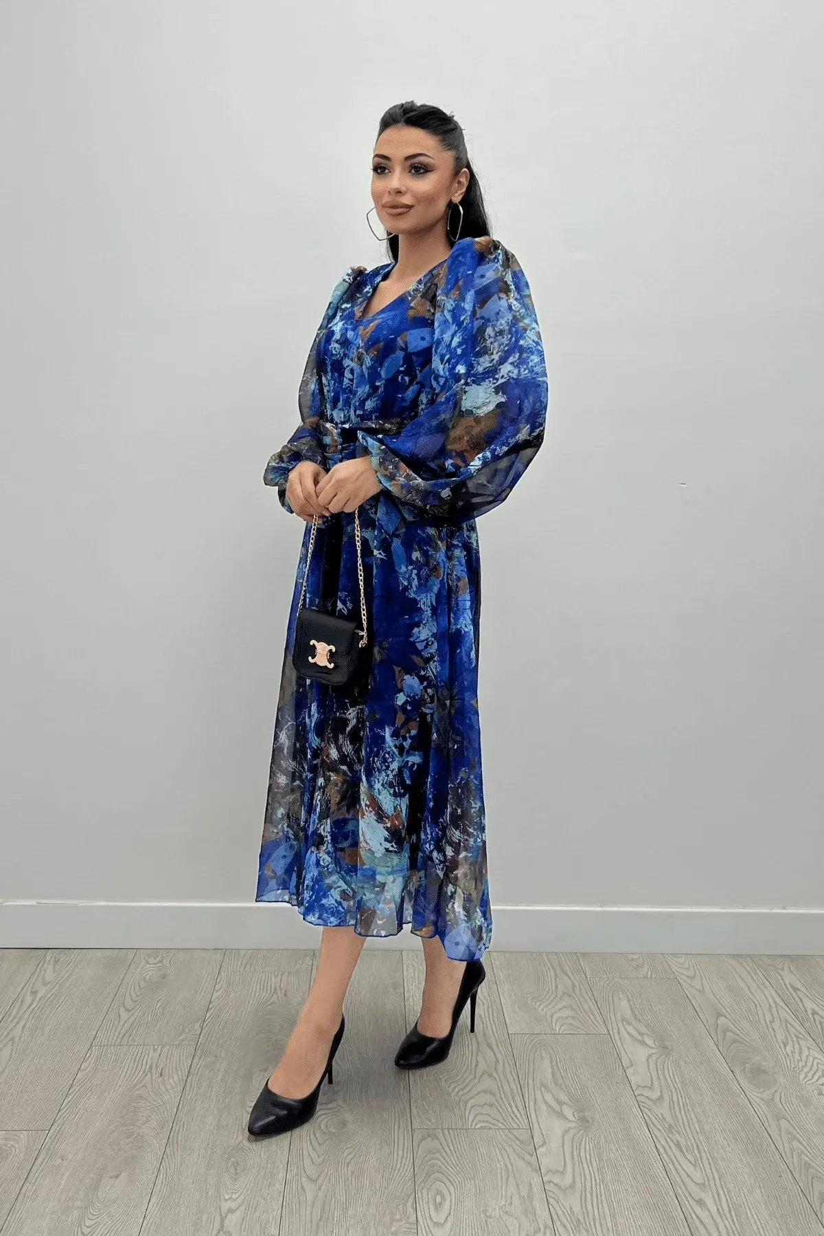 Berta Şifon Desenli Bel Lastikli Midi Elbise