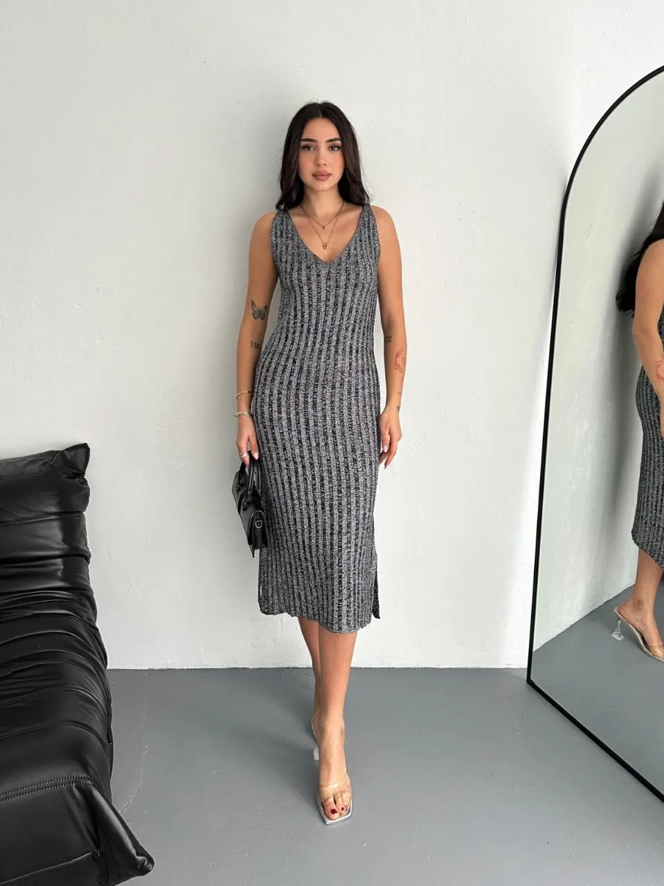 Askılı Simli Triko Elbise