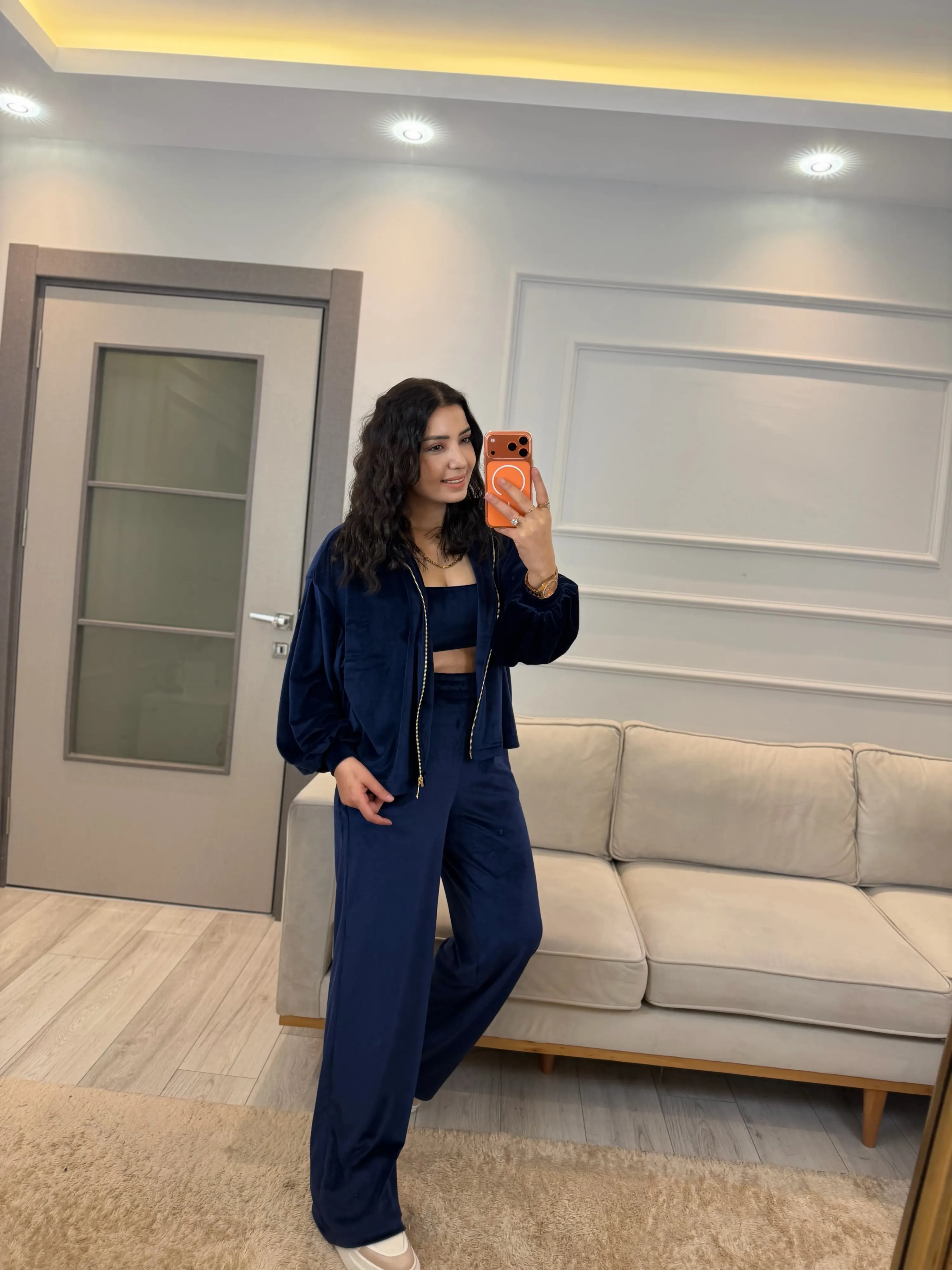 Fermuar Detaylı Kadife Üçlü Takım