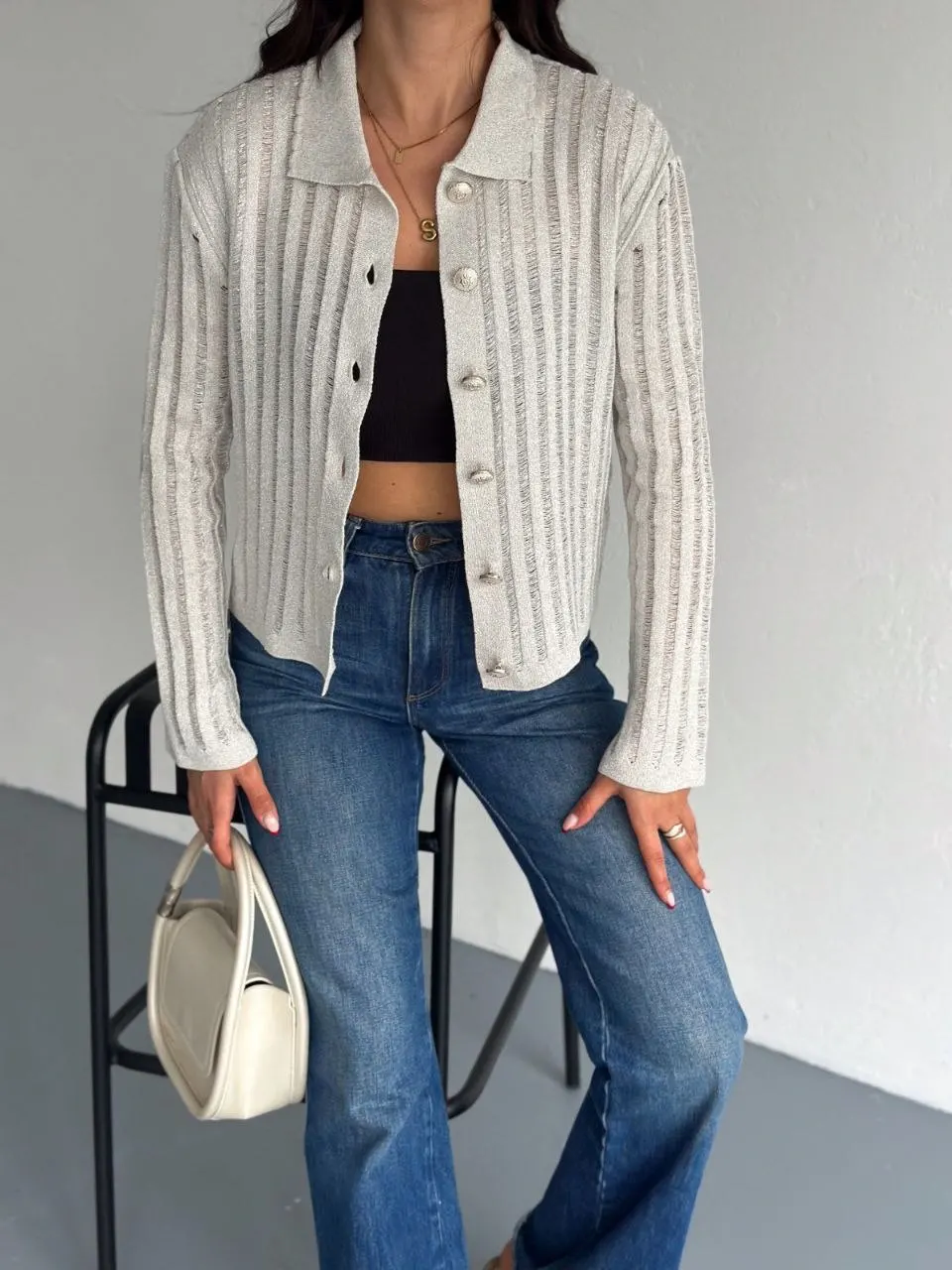 Gold Düğme Detaylı Simli Hırka