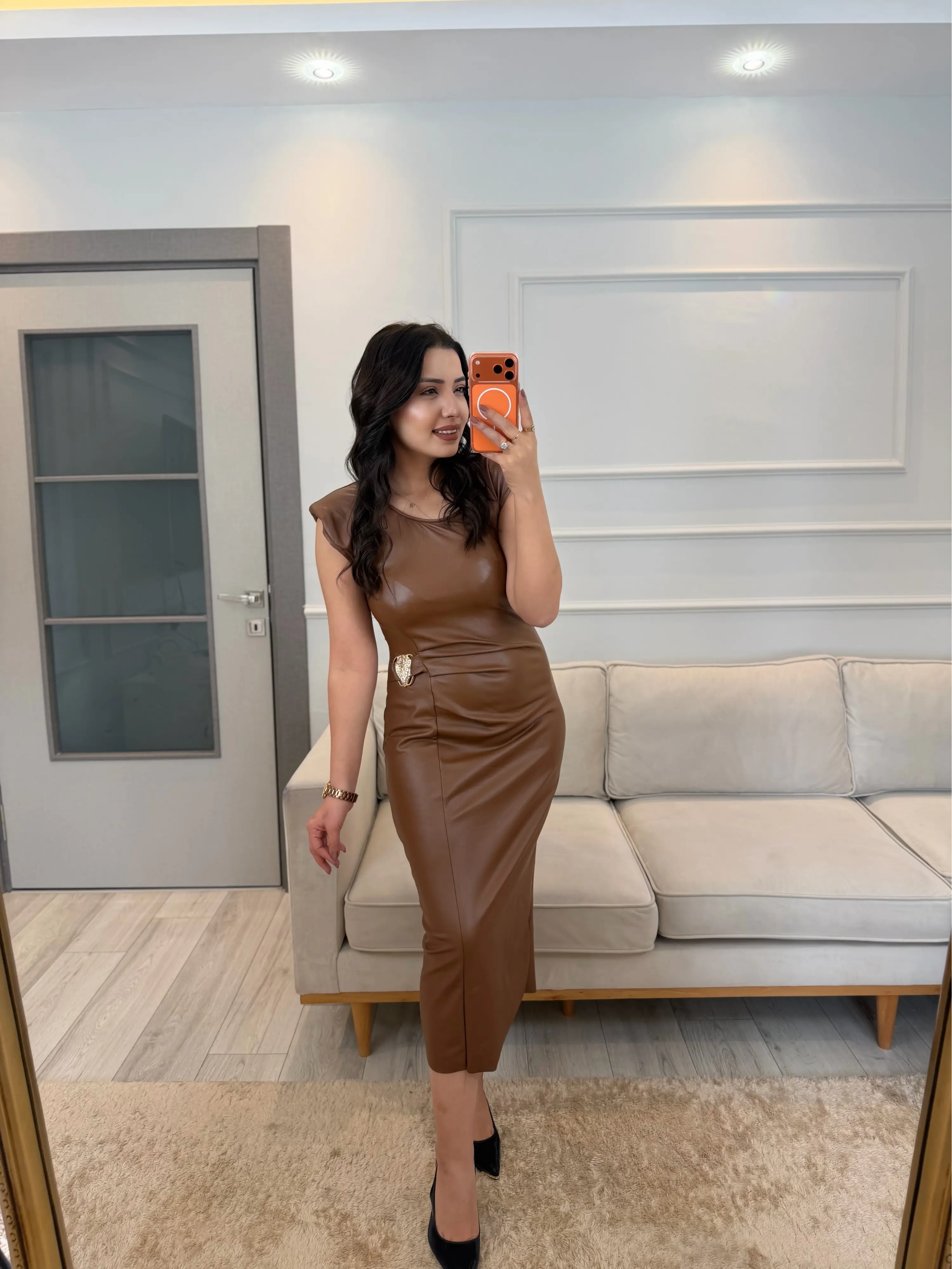 Kadife Deri Pileli Elbise