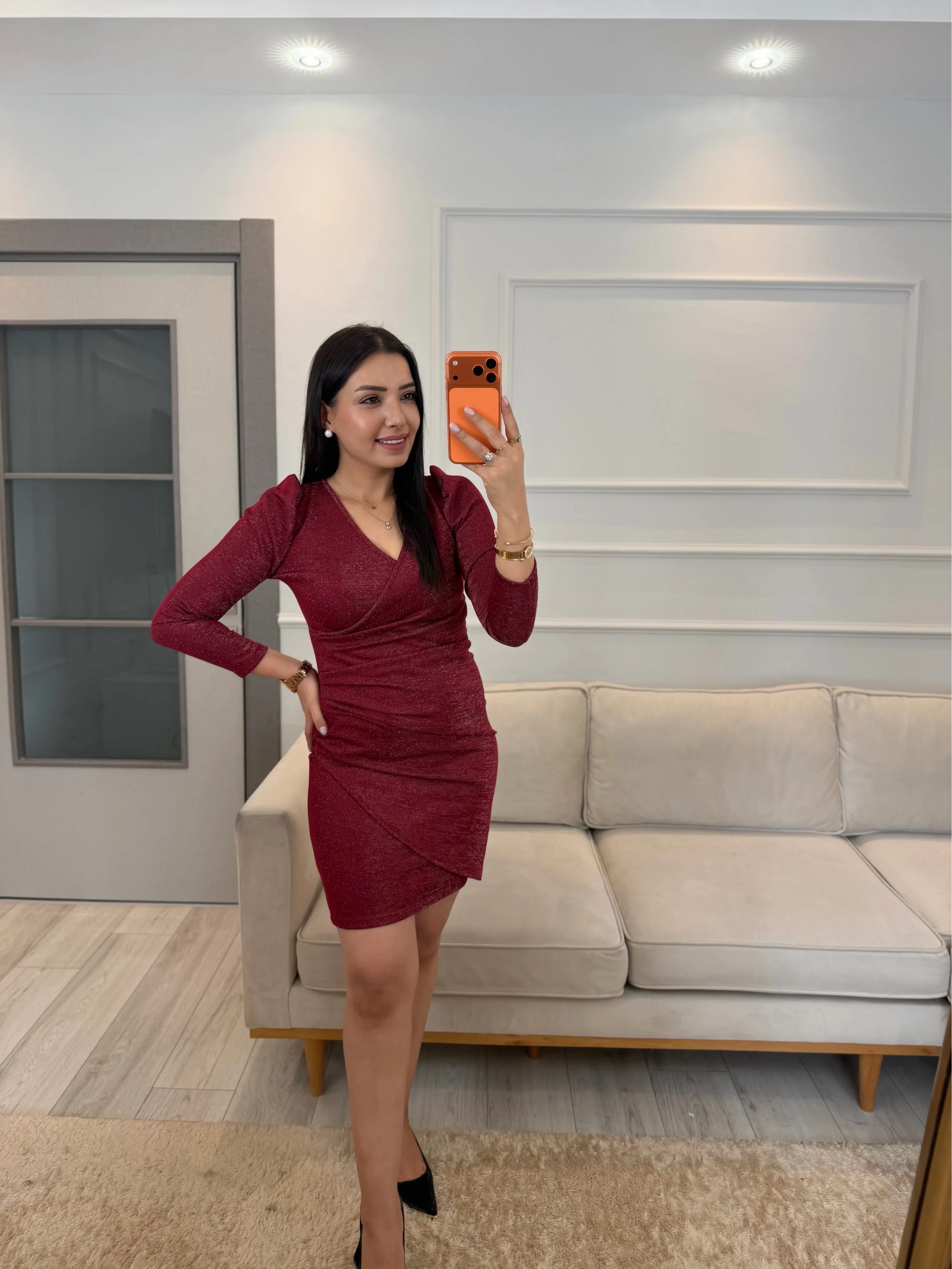 Kruvaze Pileli Simli Elbise