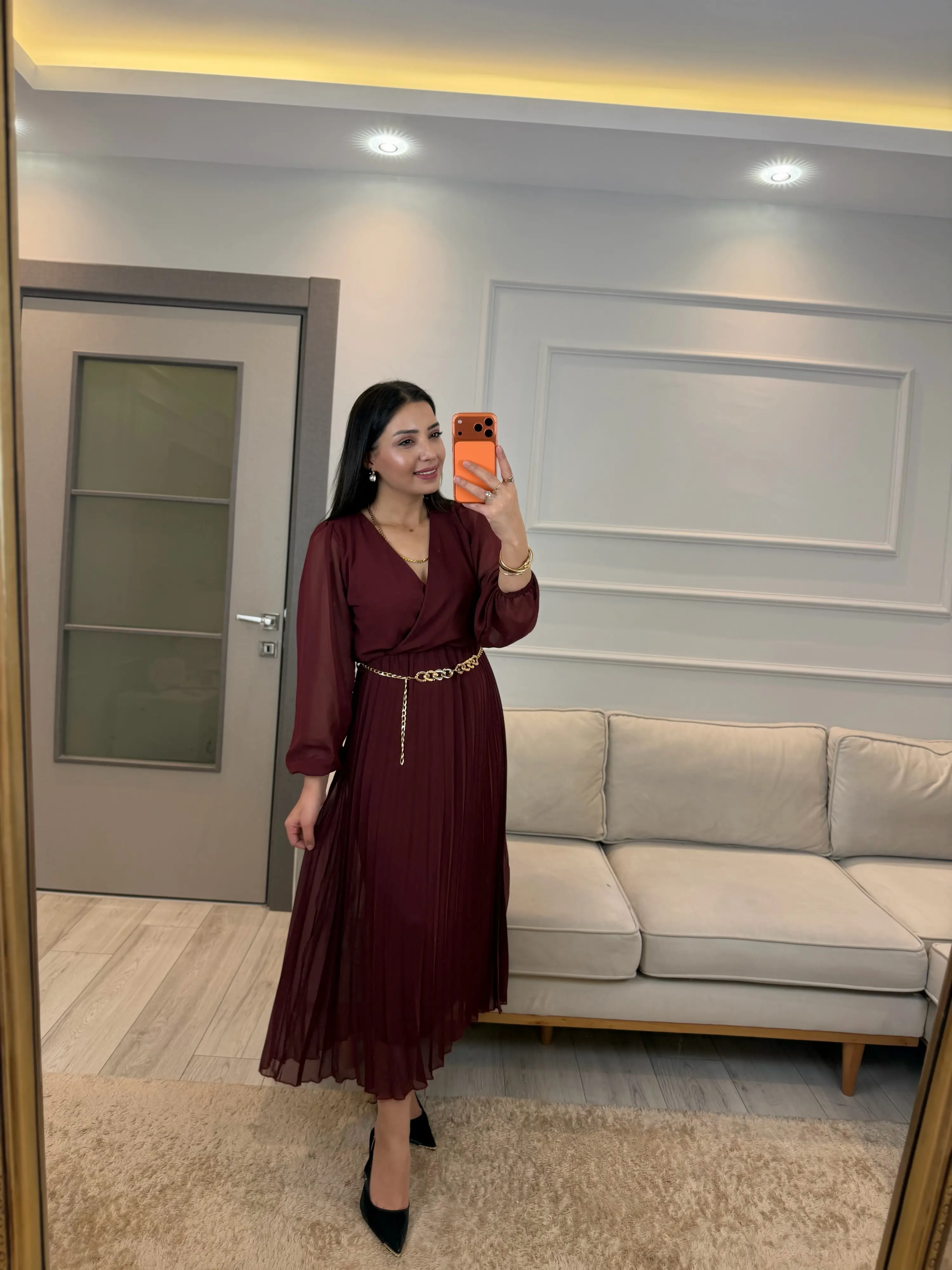 Kruvaze Zincir Kemerli Elbise