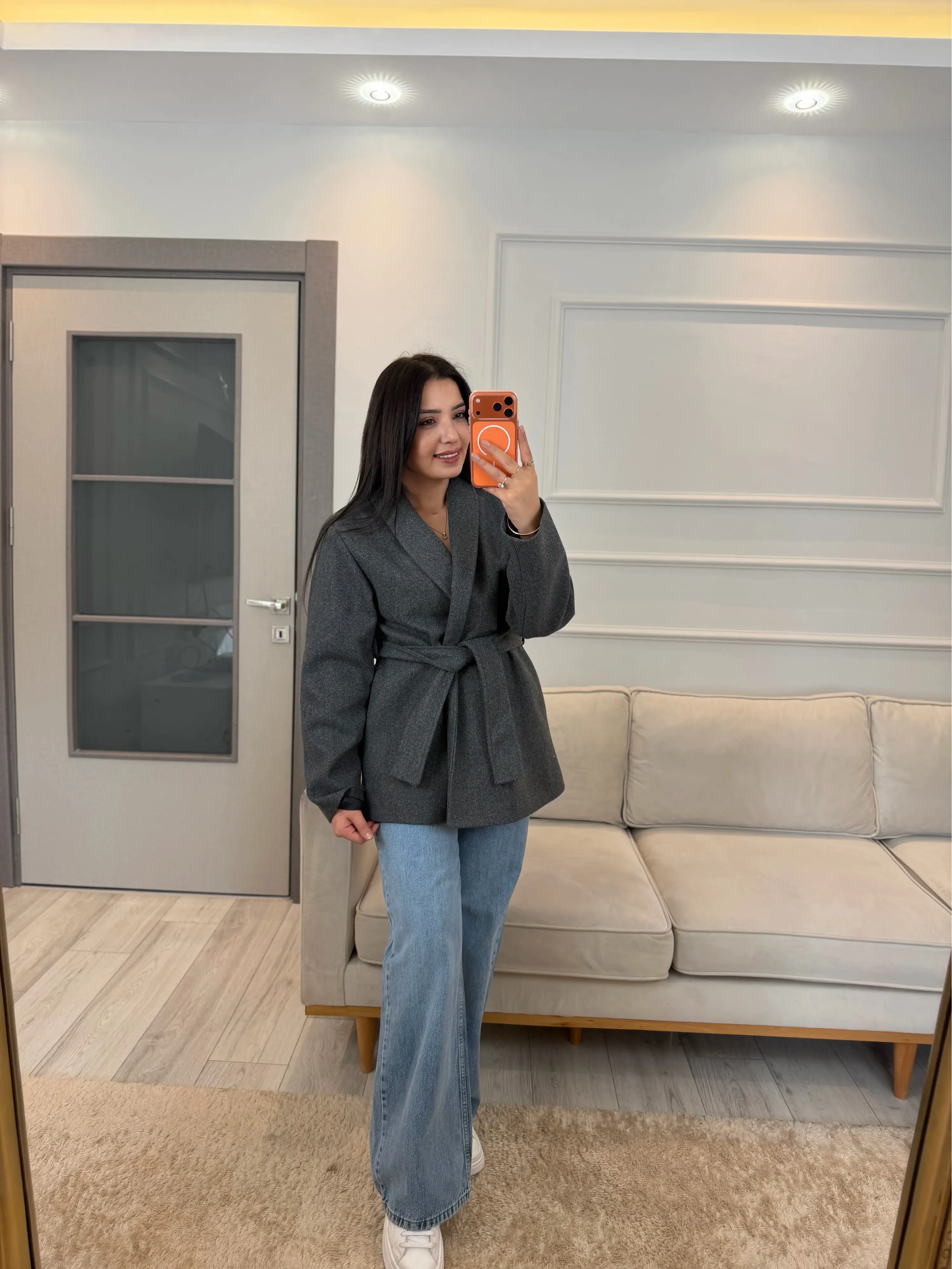 Kuşaklı Dik Yaka Kaşe Kaban