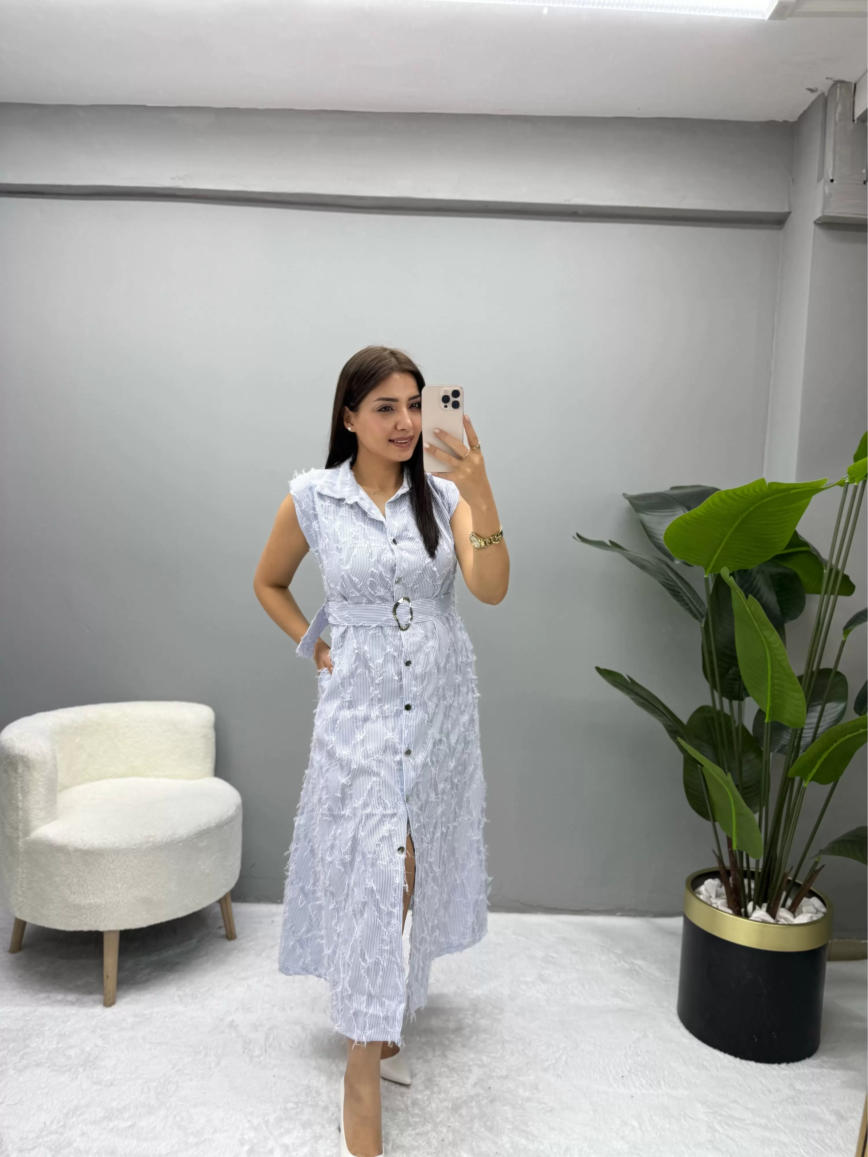 Maria Vatkalı Püsküllü Gömlek Elbise