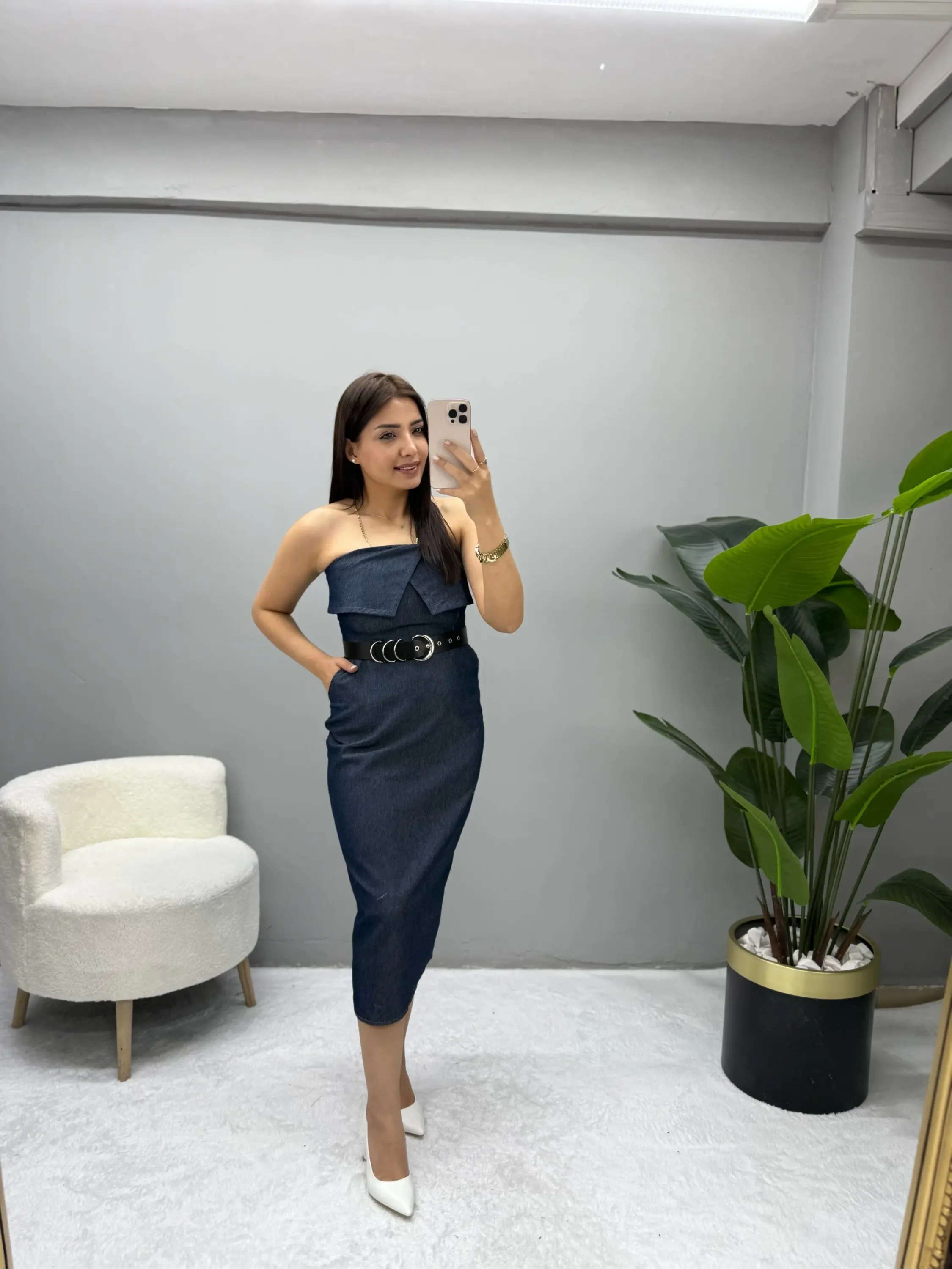 Premium Straplez Denim Elbise