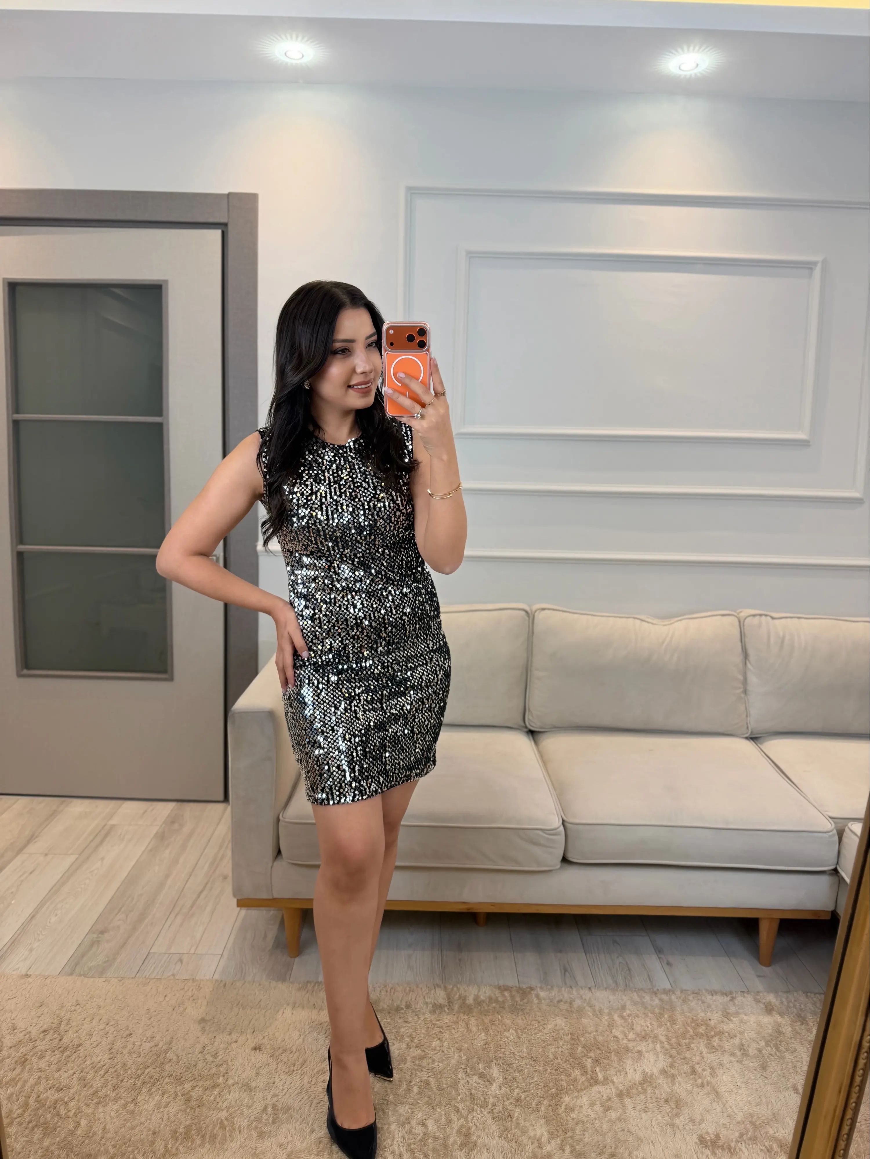 Pul Payet Sıfır Kol Elbise