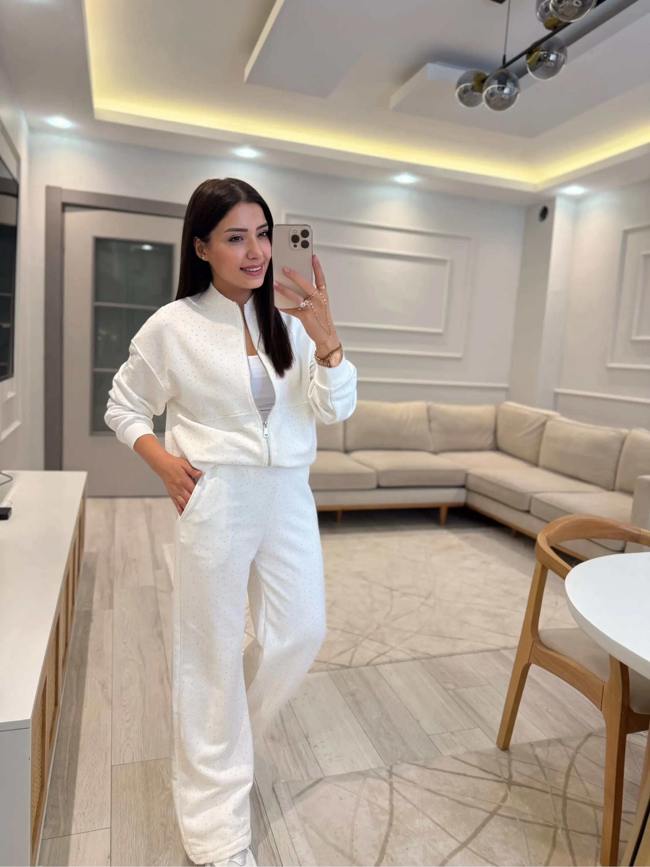 Serpme Taşlı Fermuarlı Sweatshirt Takım