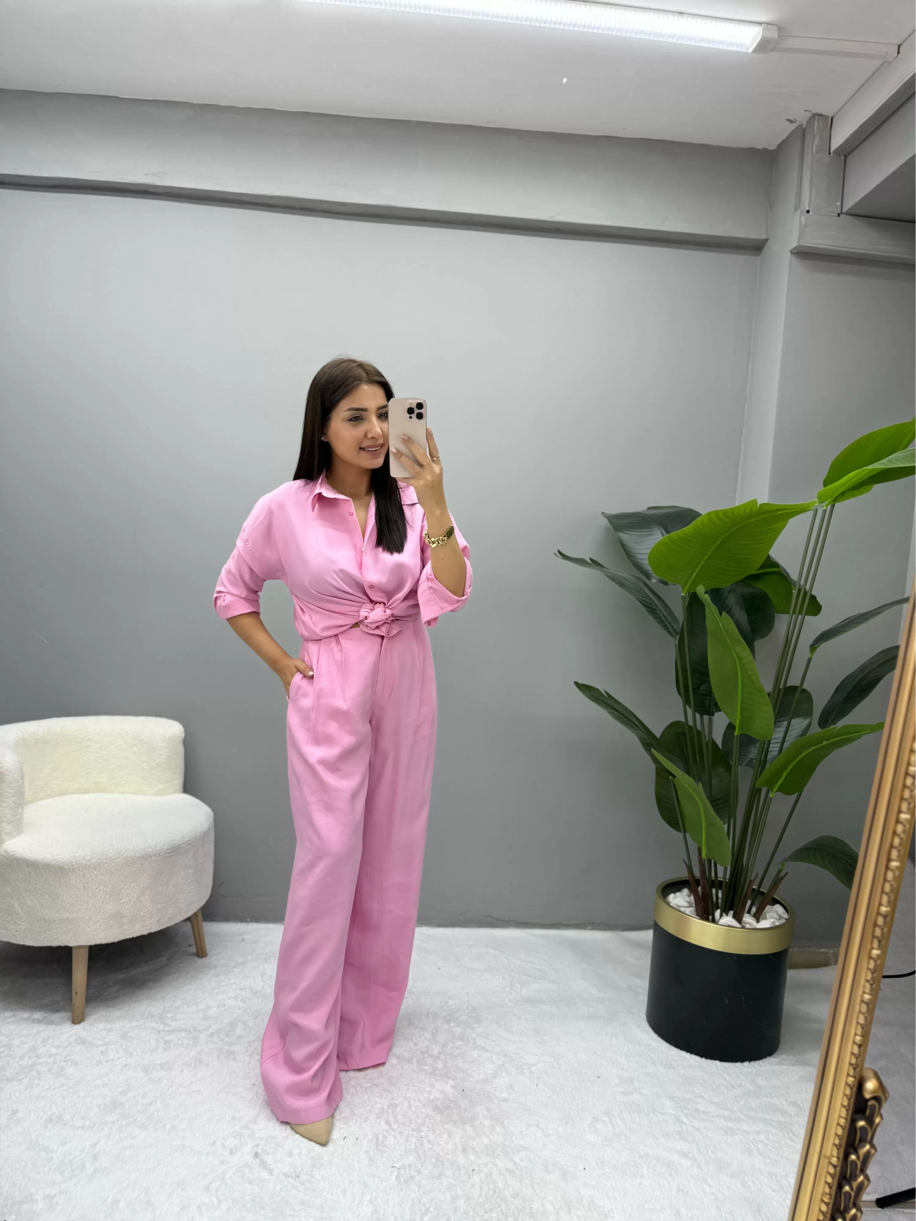 Trendy Tensel Kumaş Gömlek Pantolon İkili Takım