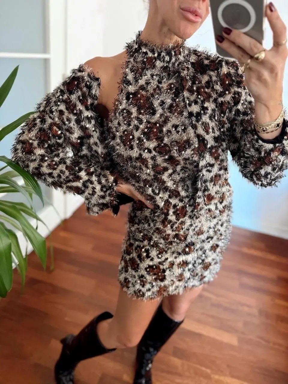 Zra Leopar Tüylü Elbise İkili Takım