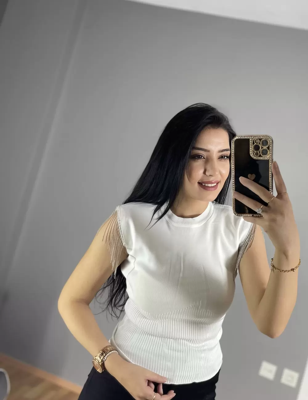 Ariana Sıfır Kol Omuz Zincirli Bluz