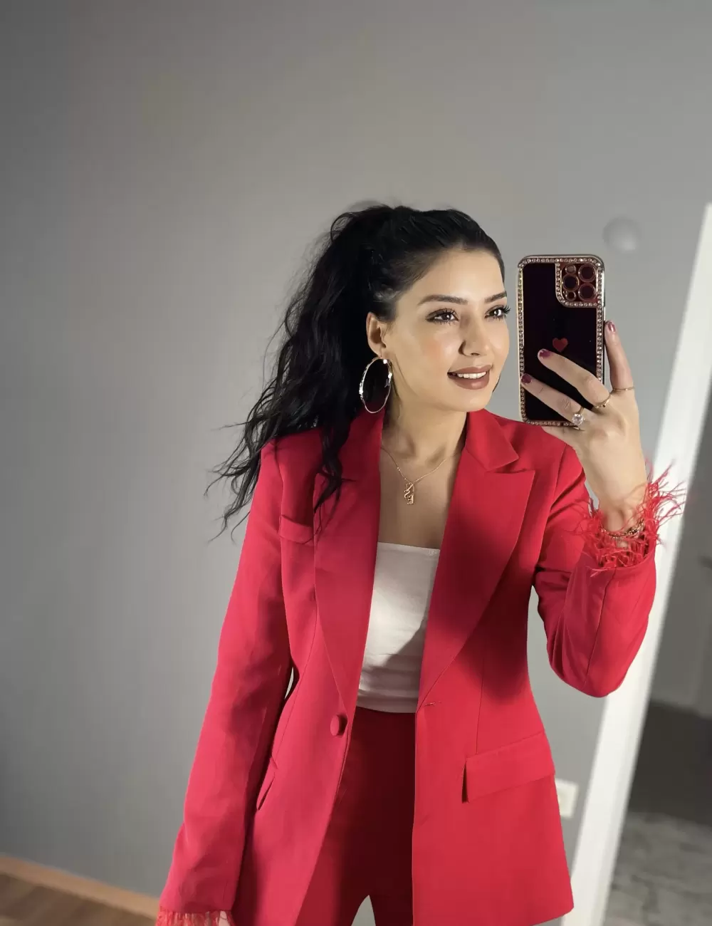 Yolant Kolları Tüylü Blazer Takım