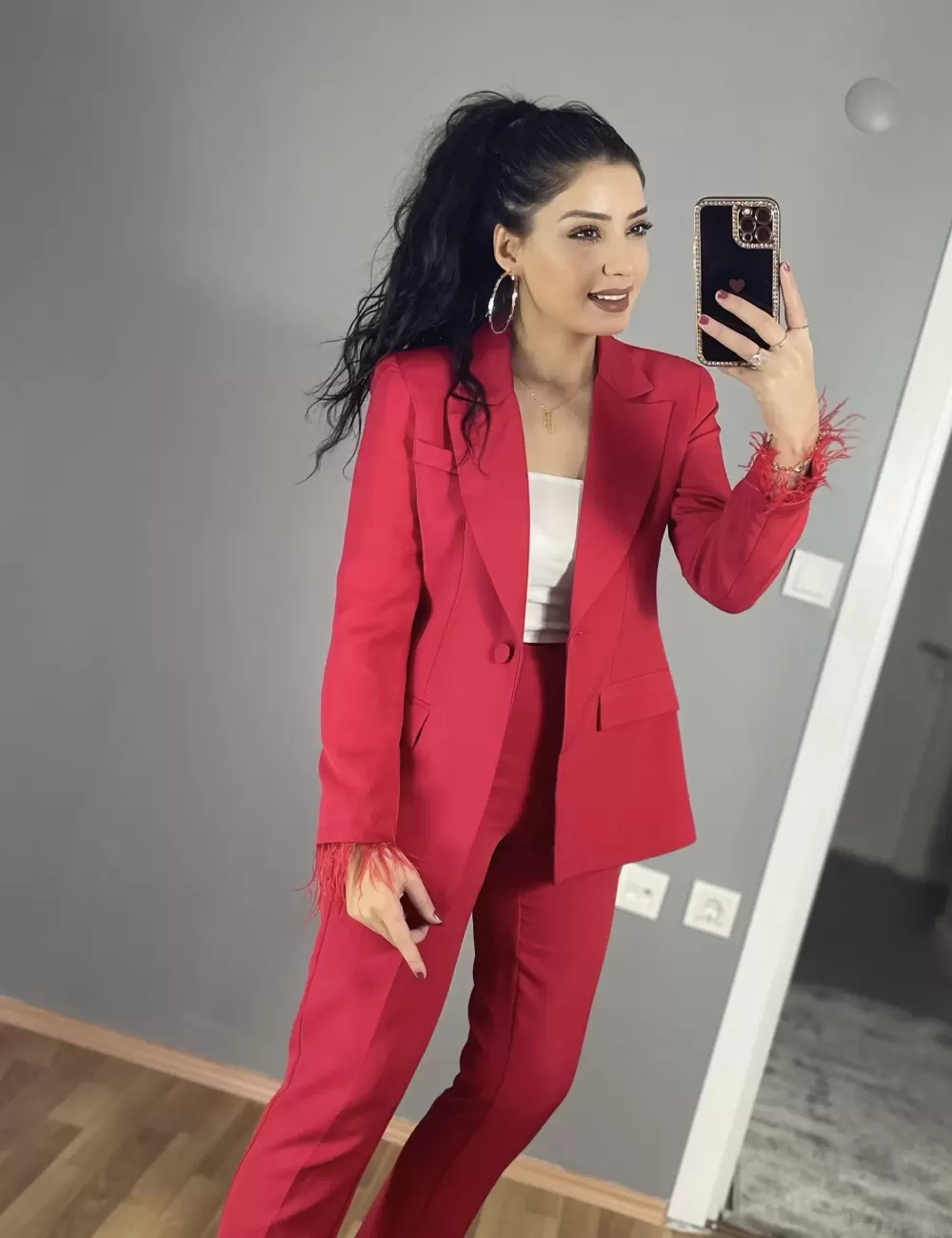 Yolant Kolları Tüylü Blazer Takım
