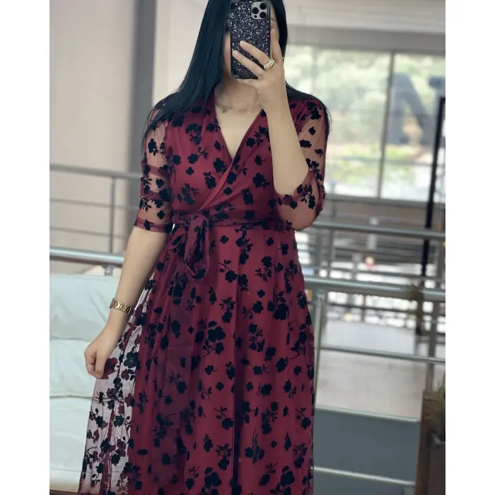 FLOKLU ÇİÇEK DESENLİ TÜL ELBİSE