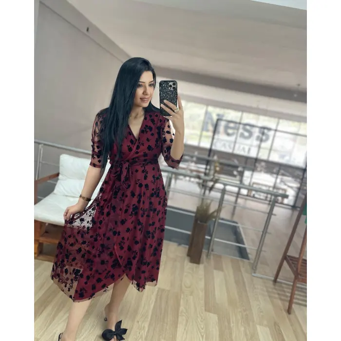FLOKLU ÇİÇEK DESENLİ TÜL ELBİSE