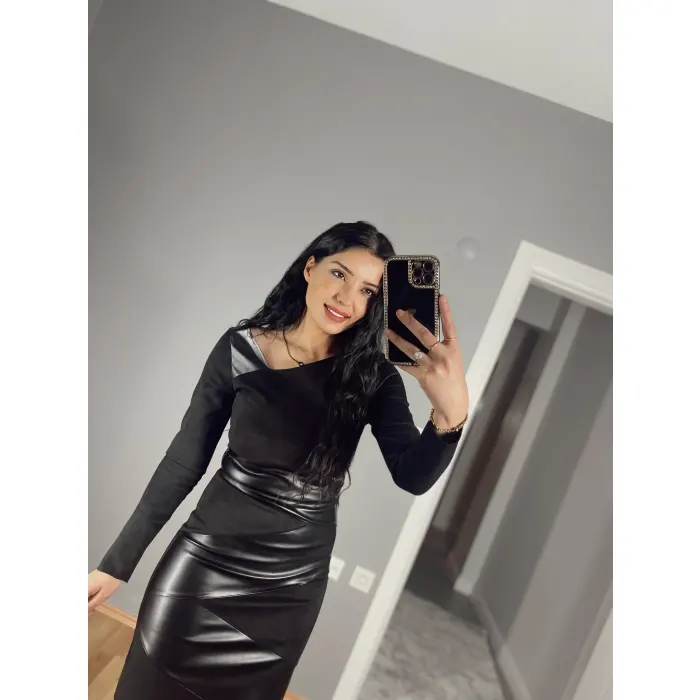 Venice Deri Garnili Zikzak Desen Elbise