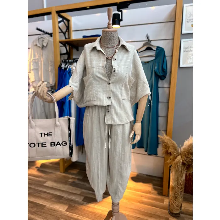 Jhansi Çizgili Premium Keten İkili Takım