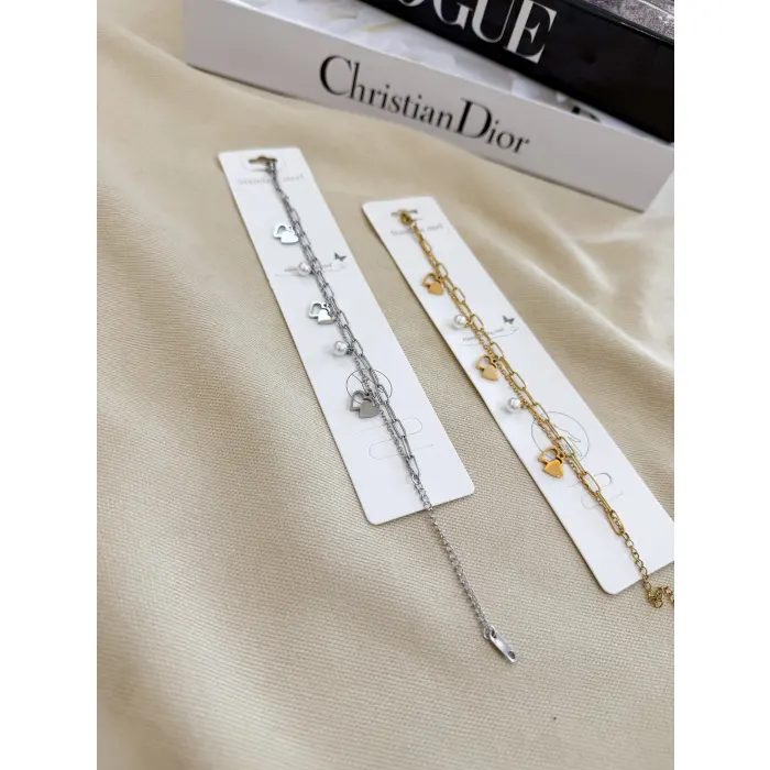 Kalp Figürlü İnci Taş Çelik Bileklik