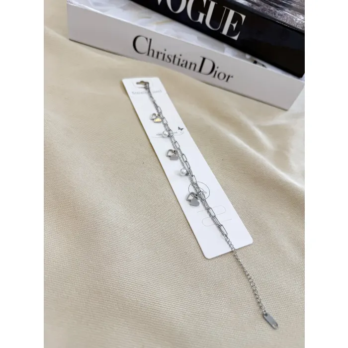 Kalp Figürlü İnci Taş Çelik Bileklik