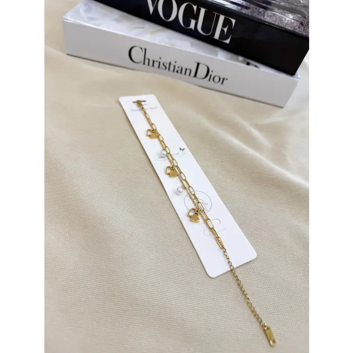 Kalp Figürlü İnci Taş Çelik Bileklik