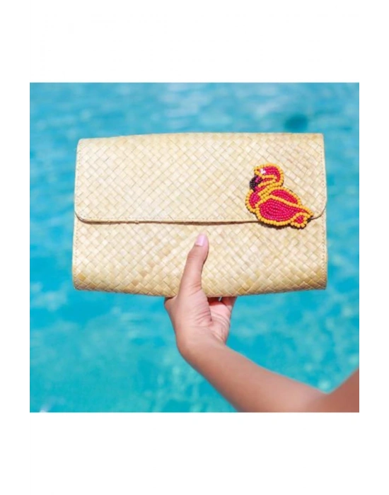 Flamingo Applique Clutch El Yapımı Hasır El Çantası