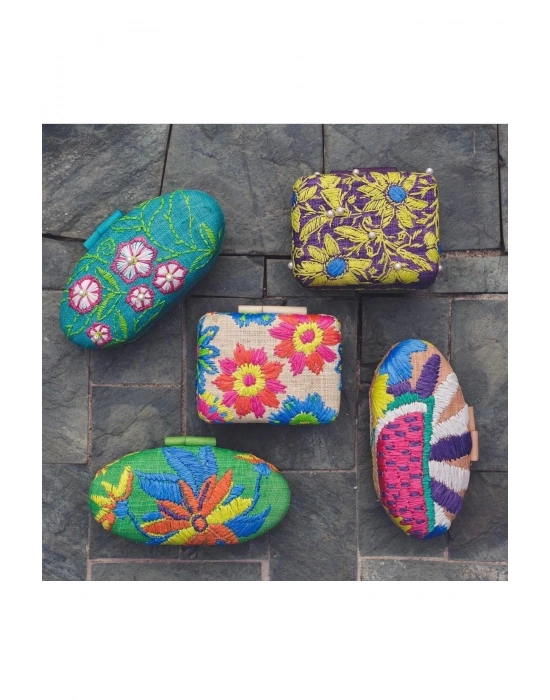 Maggie Embroidered Hard Clutch El Yapımı Hasır El Çantası