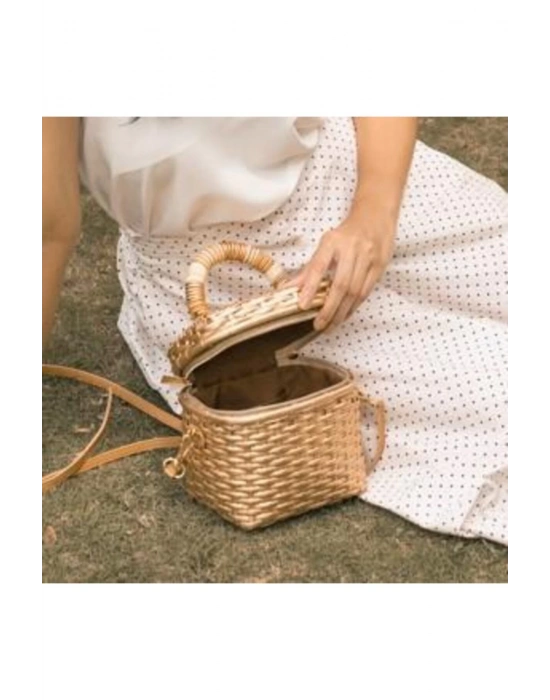 The Cube In Gold El Yapımı Hasır El Çantası