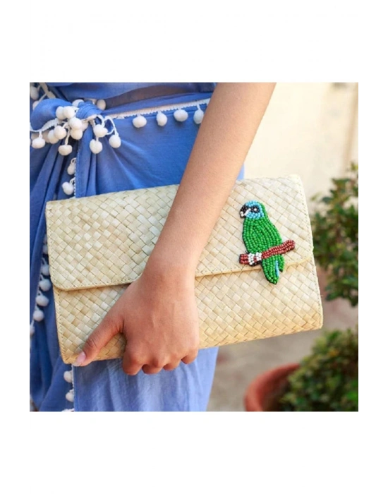Parrot Aplique Clutch Bag El Yapımı Hasır El Çantası