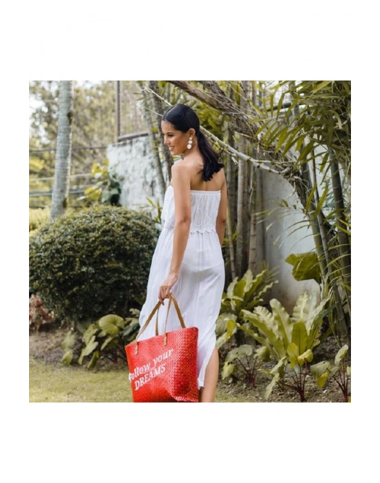 Follow Your Dreams Tote El Yapımı Hasır Plaj Çantası