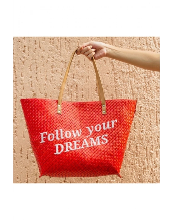 Follow Your Dreams Tote El Yapımı Hasır Plaj Çantası