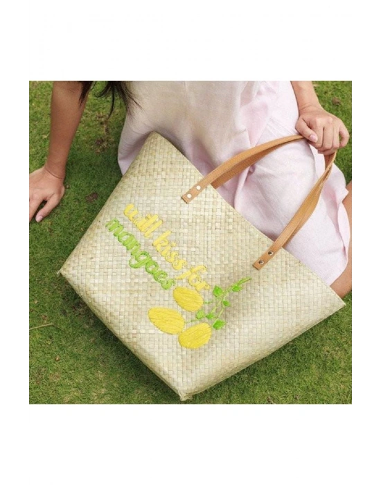 Will Kiss For Mangoes Tote El Yapımı Hasır Plaj Çantası