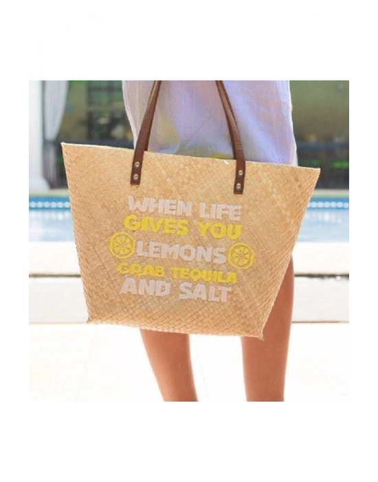 When Life Gives You Lemons Tote El Yapımı Hasır Plaj Çantası