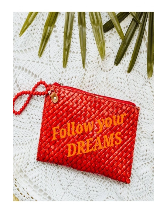 Quote Clutch: Follow Your Dreams El Yapımı Organik Hasır Clutch