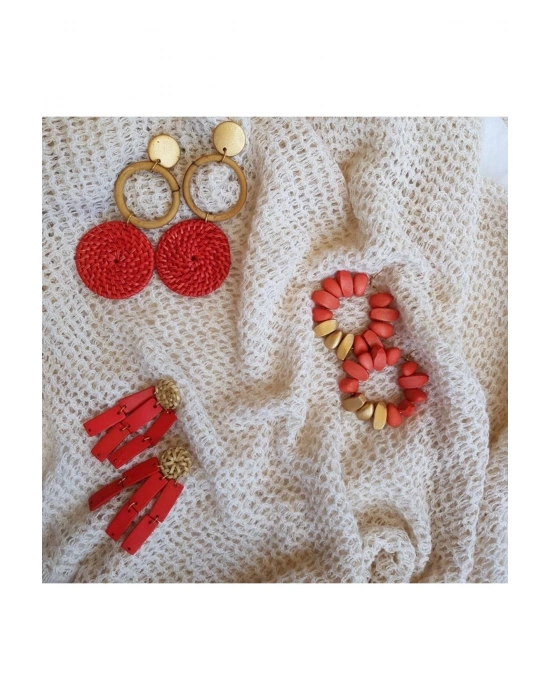 Leanna Earrings In Coral El Yapımı Hasır Küpe