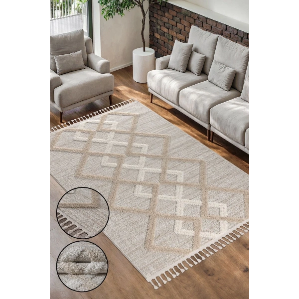 Bukle Dokuma Yumuşak Halı Salon Oturma Odası Mutfak Yatak Odası Yolluk Kilim Krem Bej