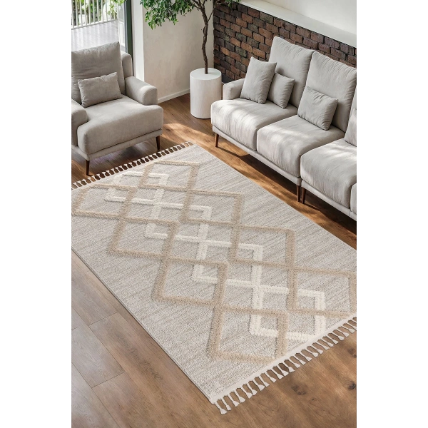 Bukle Dokuma Yumuşak Halı Salon Oturma Odası Mutfak Yatak Odası Yolluk Kilim Krem Bej