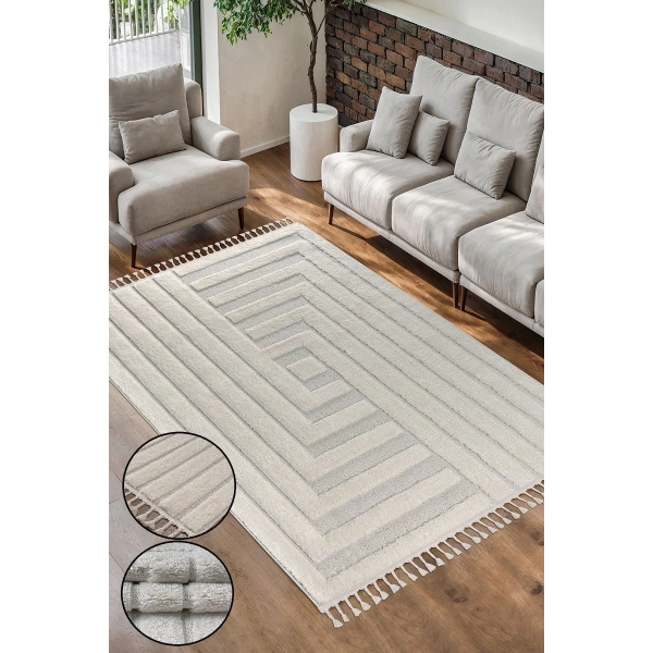 Bukle Dokuma Yumuşak Halı Salon Oturma Odası Mutfak Yatak Odası Yolluk Kilim Krem Beyaz