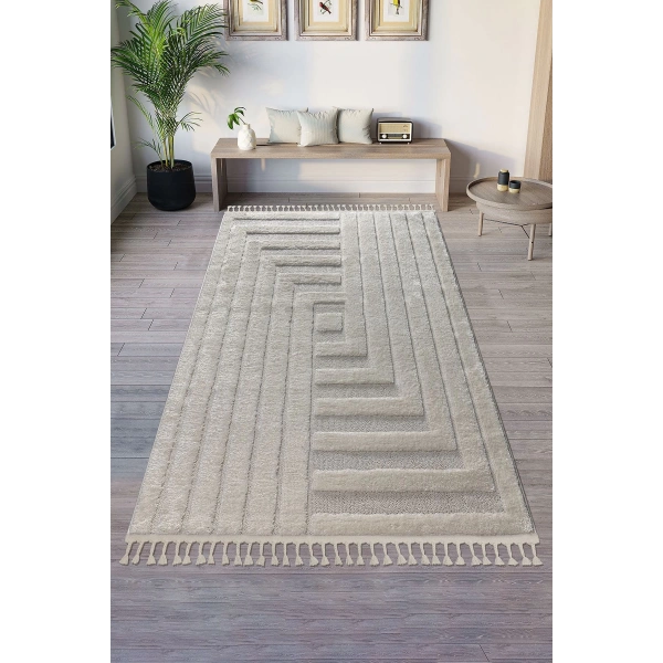 Bukle Dokuma Yumuşak Halı Salon Oturma Odası Mutfak Yatak Odası Yolluk Kilim Krem Beyaz