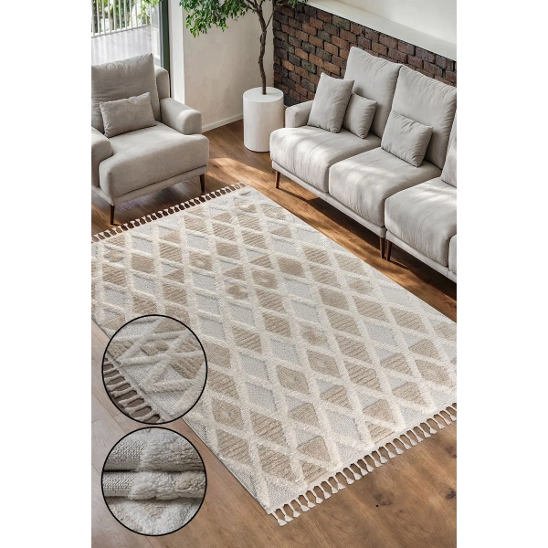 Bukle Dokuma Yumuşak Halı Salon Oturma Odası Mutfak Yatak Odası Yolluk Kilim Krem Bej