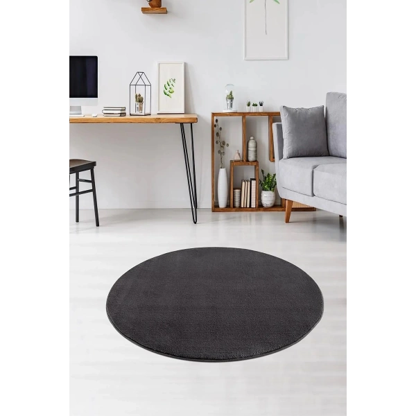 Antrasit Post Peluş Tavşan Tüyü Kaymaz Taban Makinede Yıkanabilir Toz Vermez Yuvarlak Halı Kilim
