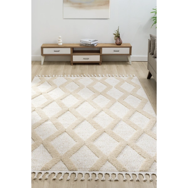 Yumuşak Bej Krem Bukleli Ve Havlı Iskandinav Dokuma Halı Oturma Odası Salon Mutfak Yolluk Antre