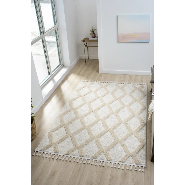 Yumuşak Bej Krem Bukleli Ve Havlı Iskandinav Dokuma Halı Oturma Odası Salon Mutfak Yolluk Antre