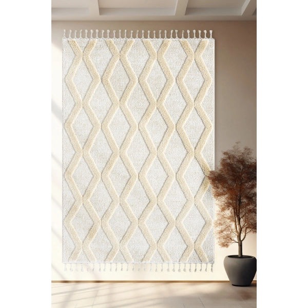 Yumuşak Bej Krem Bukleli Ve Havlı Iskandinav Dokuma Halı Oturma Odası Salon Mutfak Yolluk Antre